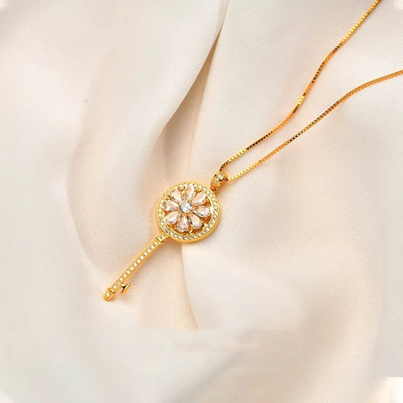 Sterling Silver Diamond Key Flower Necklace worn to showcase its length and pendant detail