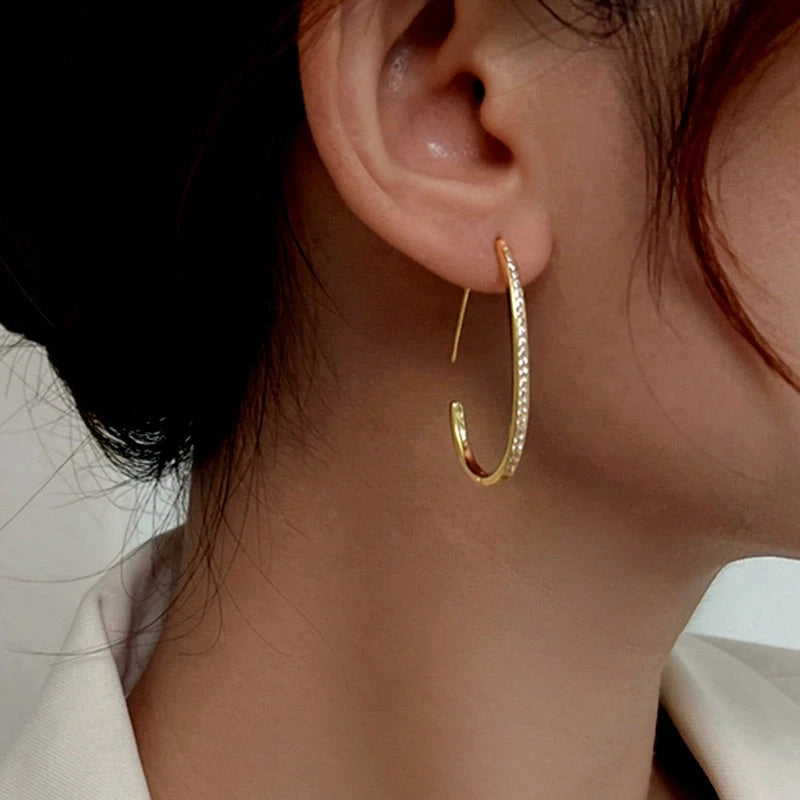 Sterling Silver Diamond Line C-Shaped Earrings - elegant Zircon Heart Pendant