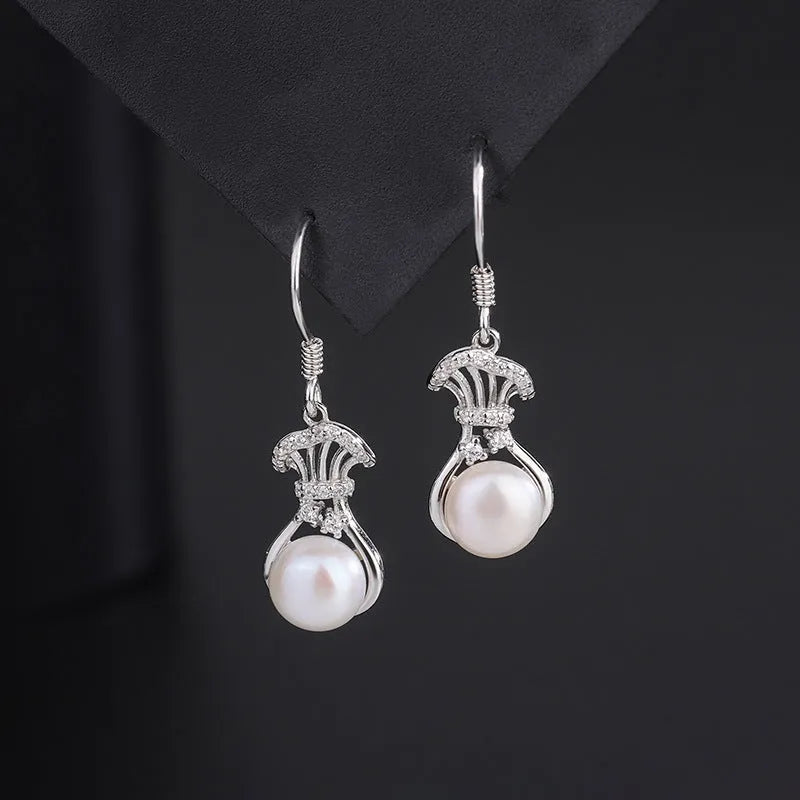 Sterling Silver Diamond Lucky Bag Pearl Ear Hooks - elegant Pearl Tassel Necklace