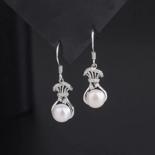 Sterling Silver Diamond Lucky Bag Pearl Ear Hooks - elegant Pearl Tassel Necklace