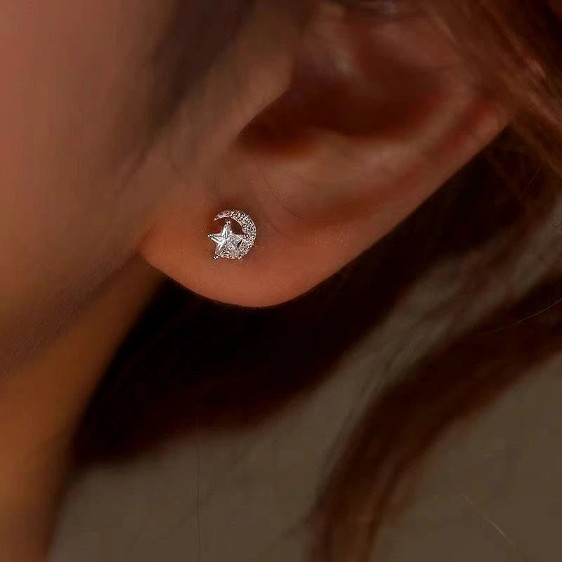 Sterling Silver Diamond Moon And Star Stud Earrings - elegant Pearl Fishtail Necklace