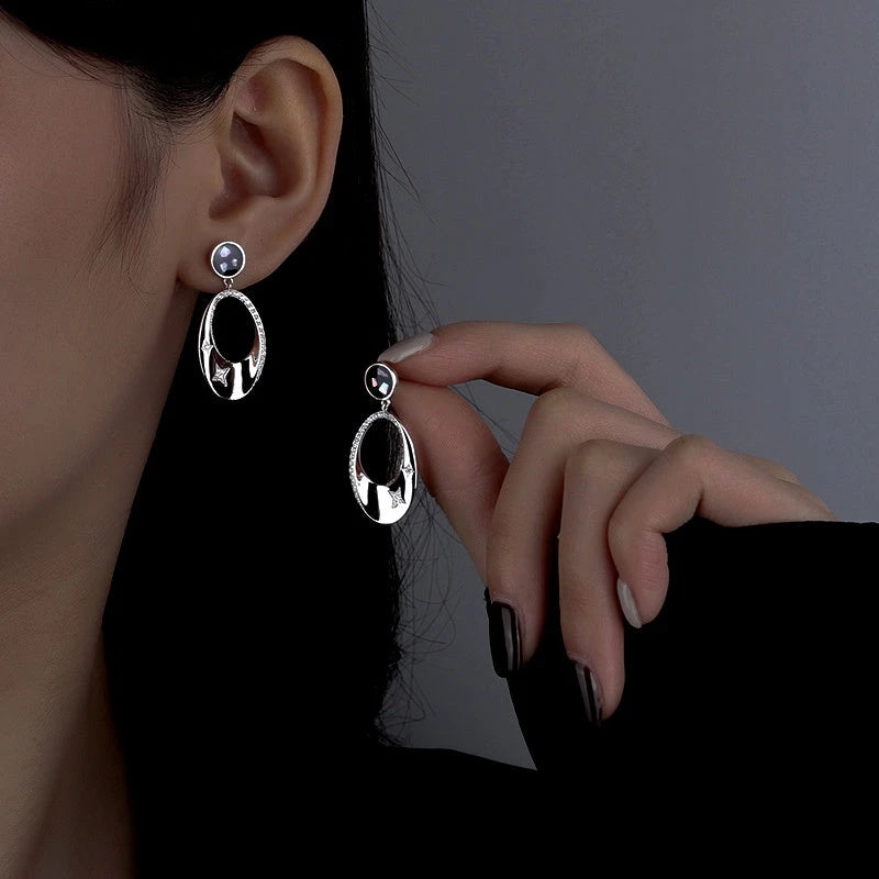 Sterling Silver Diamond Oval Earrings - elegant Star Tassel Ear Hooks