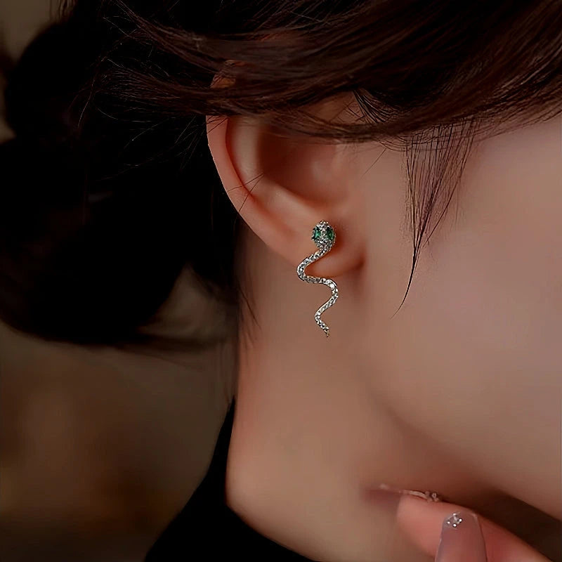 Angled view of the Sterling Silver Diamond Snake Earrings