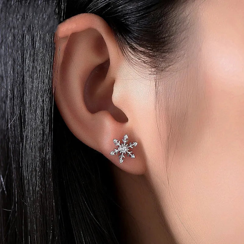 Sterling Silver Christmas Diamond Snowflake Stud Earrings - elegant Snowflake Stud Earrings