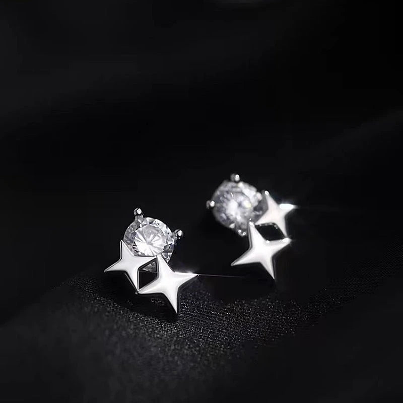 Angled view of the Sterling Silver Diamond Star Stud Earrings