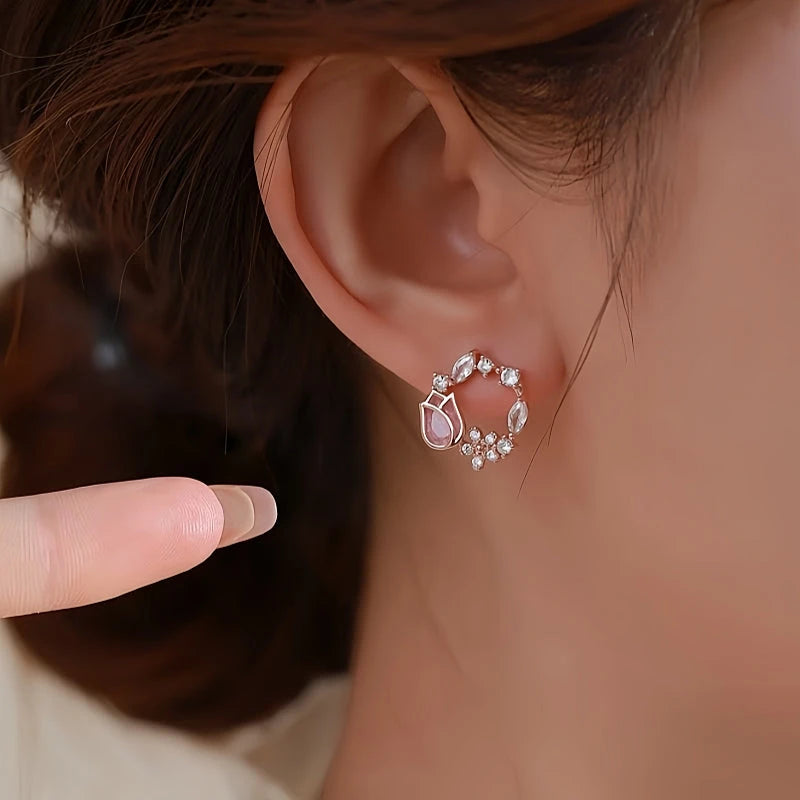 Sterling Silver Diamonds And Pink Zircon Tulip Earrings - elegant Snake Heart Jewelry