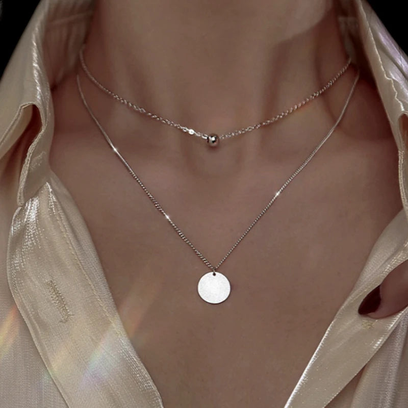 Sterling Silver Double-Layer Disc Necklace - beautiful Double Ball Earrings