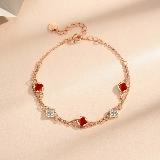 Model wearing the Sterling Silver Double-Layer Four-Leaf Clover Bracelets to highlight its design on the wrist