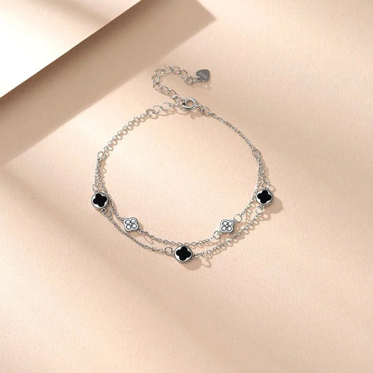 Sterling Silver Double-Layer Four-Leaf Clover Bracelets - chic Butterfly Tassel Earrings