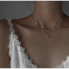Sterling Silver Double-Layer Star And Moon Necklace - beautiful Double Heart Necklace