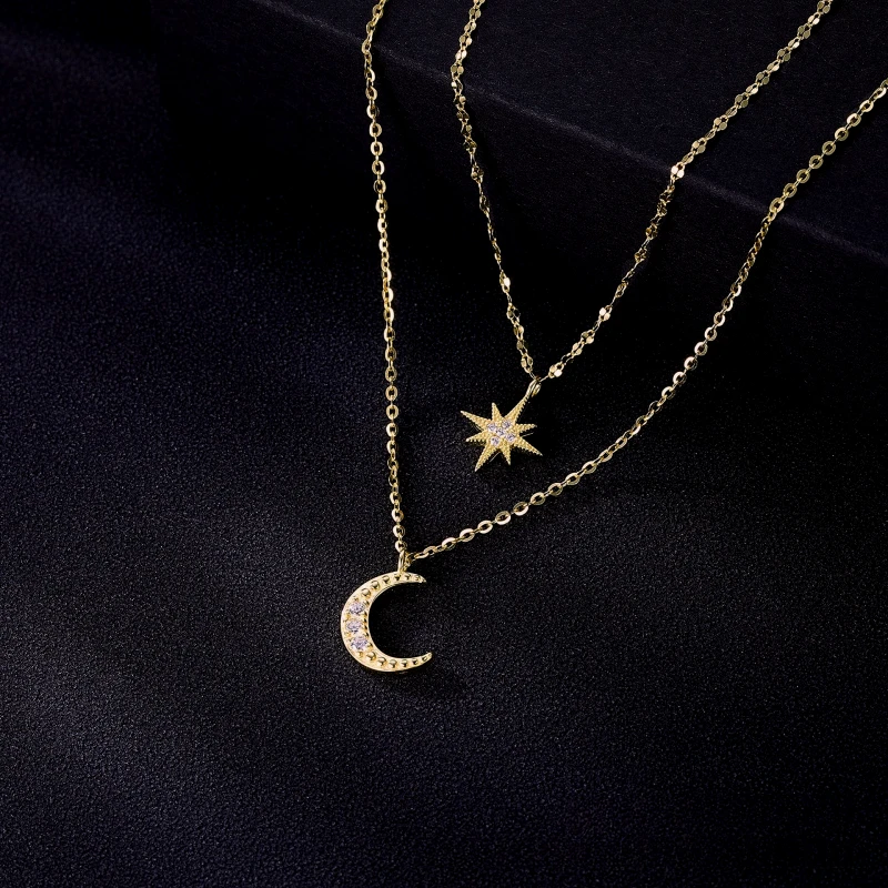 Detailed view of the Sterling Silver Double-Layer Star Moon Necklace chain and pendant