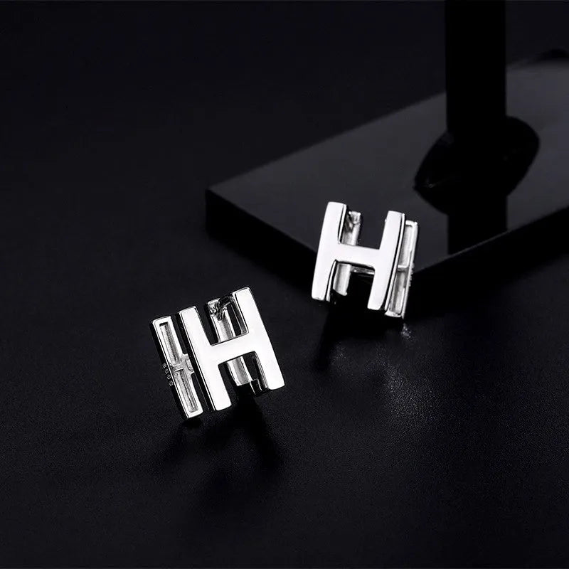 Sterling Silver Double-Sided Letter H Stud Earrings - elegant Cross Pearl Necklace