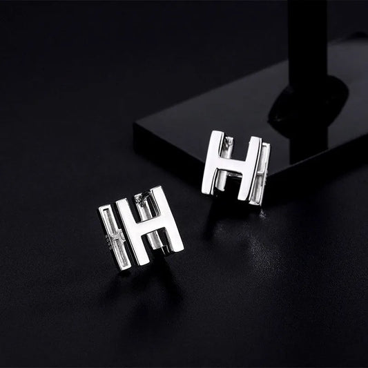 Sterling Silver Double-Sided Letter H Stud Earrings - elegant Cross Pearl Necklace