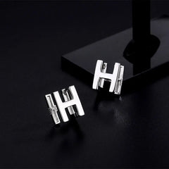 Sterling Silver Double-Sided Letter H Stud Earrings - elegant Cross Pearl Necklace