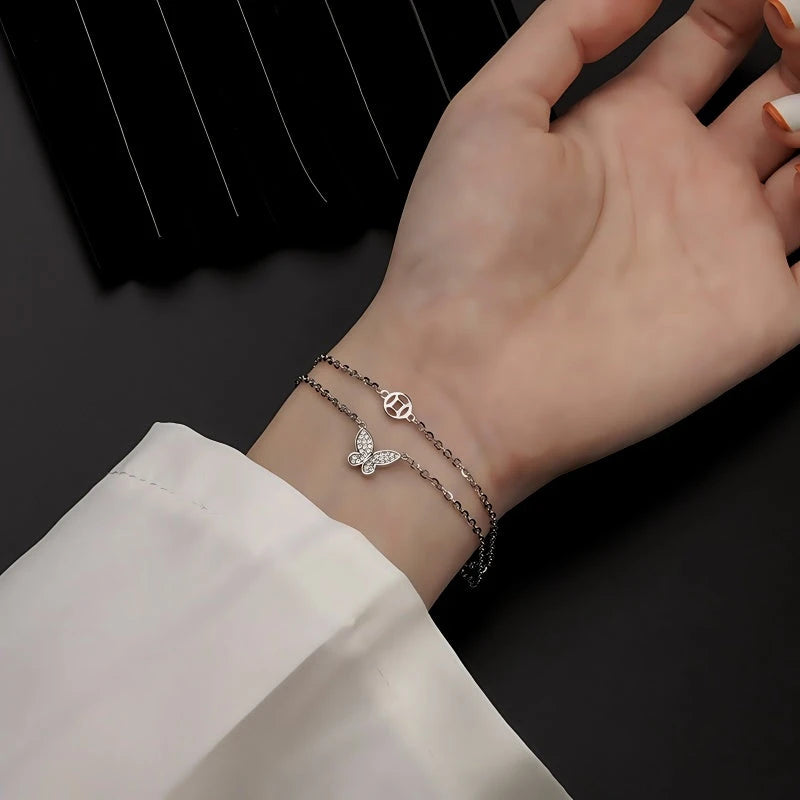 Sterling Silver Double Layer Butterfly Bracelets - chic Green Zircon Ring