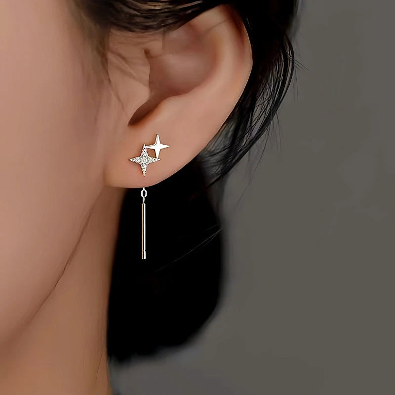 Sterling Silver Double Star Threader Earrings - elegant Daisy Stud Earrings