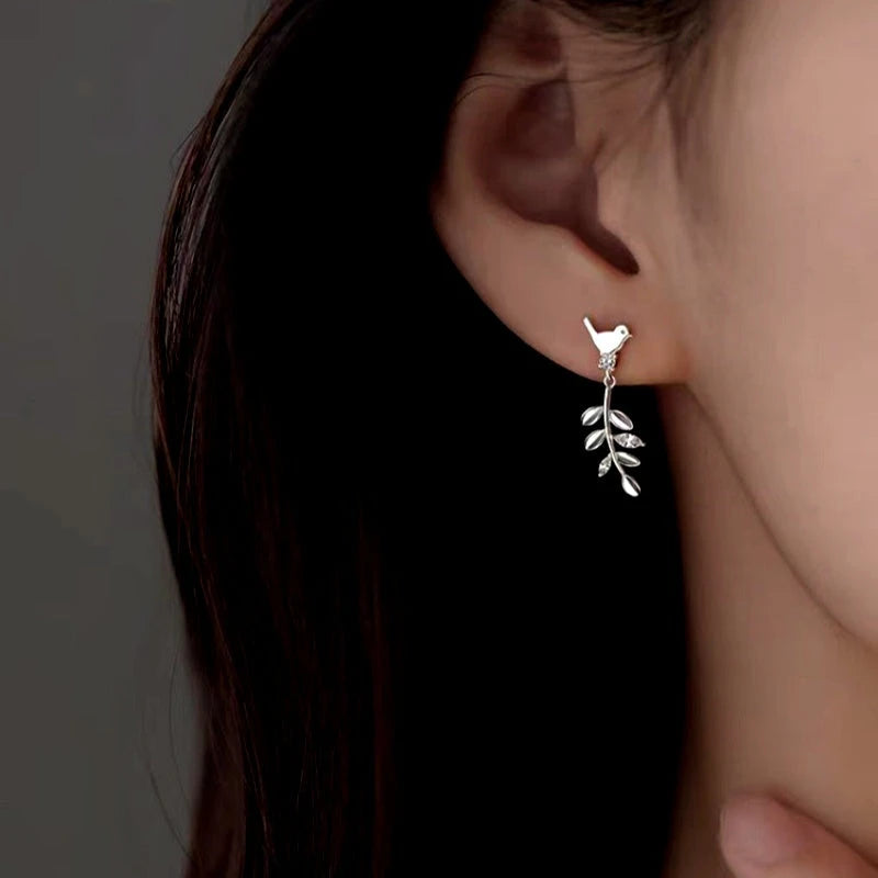 Sterling Silver Elegant Olive Branch Bird Earrings - elegant Heart Crawler Earrings