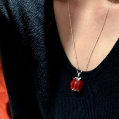 Sterling Silver Elegant Red Apple Necklace worn to showcase its length and pendant detail