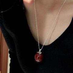 Sterling Silver Elegant Red Apple Necklace - beautiful Heart Studs