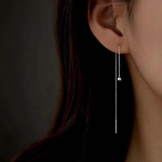 Sterling Silver Elegant Round Bead Long Threader Earrings - elegant Heart Stud Earrings