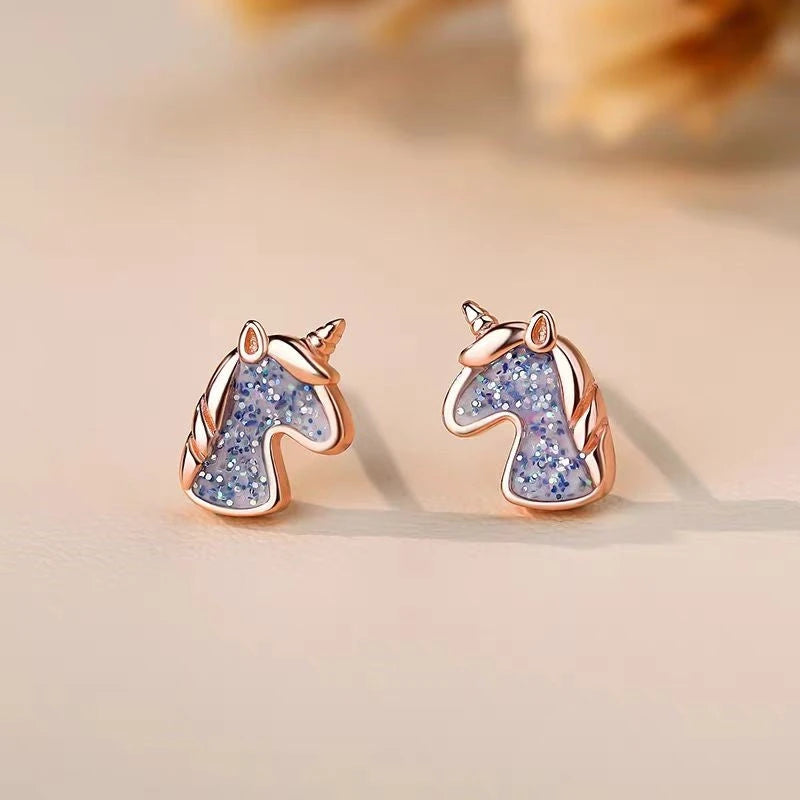 Angled view of the Sterling Silver Elegant Unicorn Studs