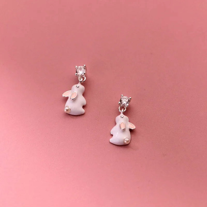 Angled view of the Sterling Silver Elegant Zircon Diamond Little Rabbit Earrings