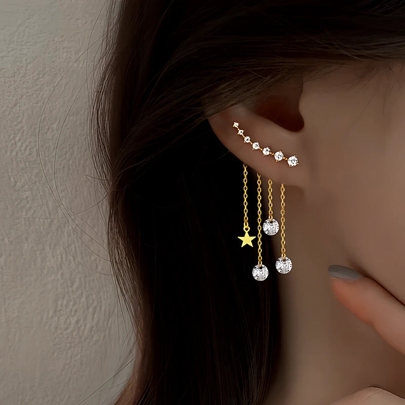 Sterling Silver Elegant Zircon Diamond Star Tassel Earrings - elegant Star Tassel Earrings