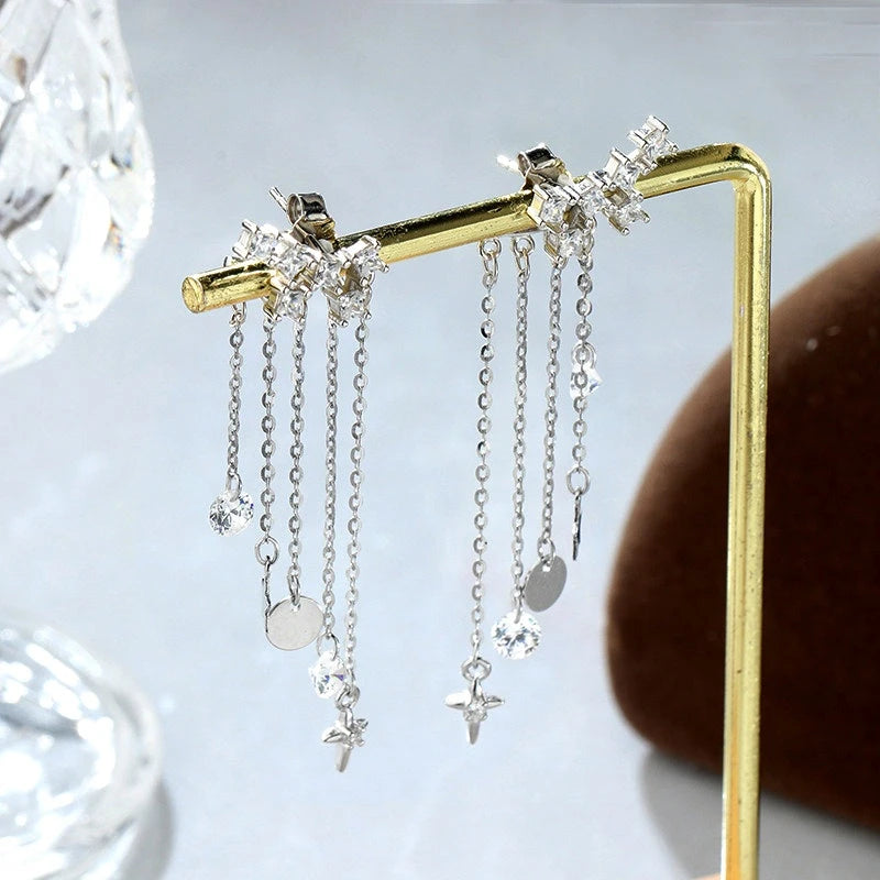 Close-up detail of the sparkling zircons and plating on the Zircon Tassel Earrings