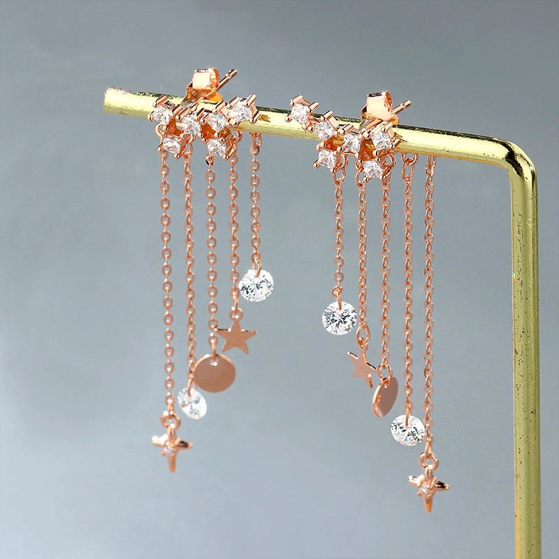 Angled view of the Sterling Silver Elegant Zircon Diamond Tassel Earrings