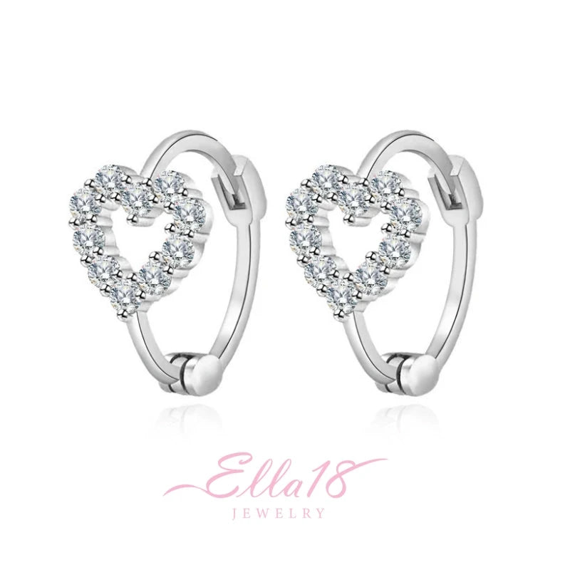 Close-up detail of the sparkling zircons and plating on the Heart Hoop Earrings