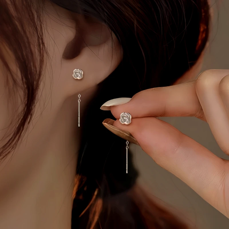 Sterling Silver Flower Threader Earrings - elegant Flower Threader Earrings