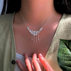 Sterling Silver Flower Water Drop Tassel Necklace - beautiful Flower Drop Necklace