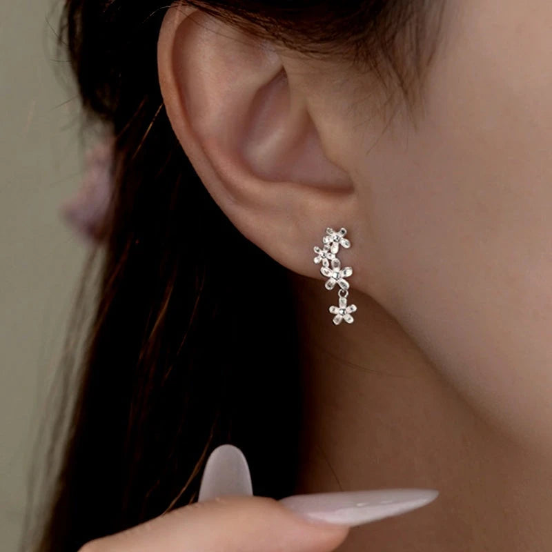 Sterling Silver Four-Flower Tassel Screw Earrings - elegant Tassel Screw Earrings