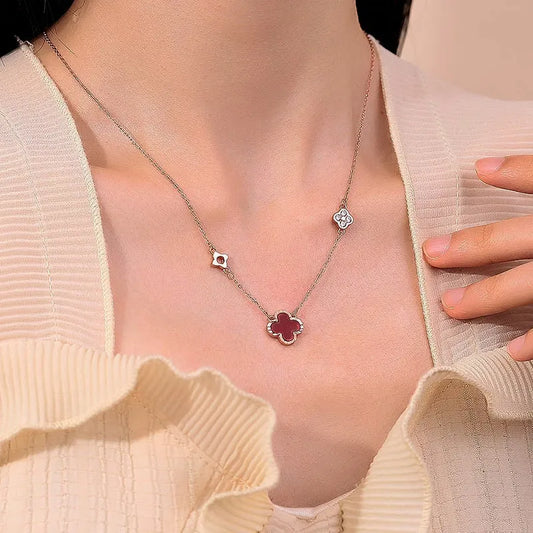 Sterling Silver Four-Leaf Clover Agate Necklaces worn to showcase its length and pendant detail