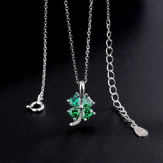 Sterling Silver Four-Leaf Clover Necklace worn to showcase its length and pendant detail