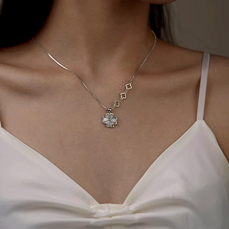 Sterling Silver Four-Leaf Clover Necklace worn to showcase its length and pendant detail