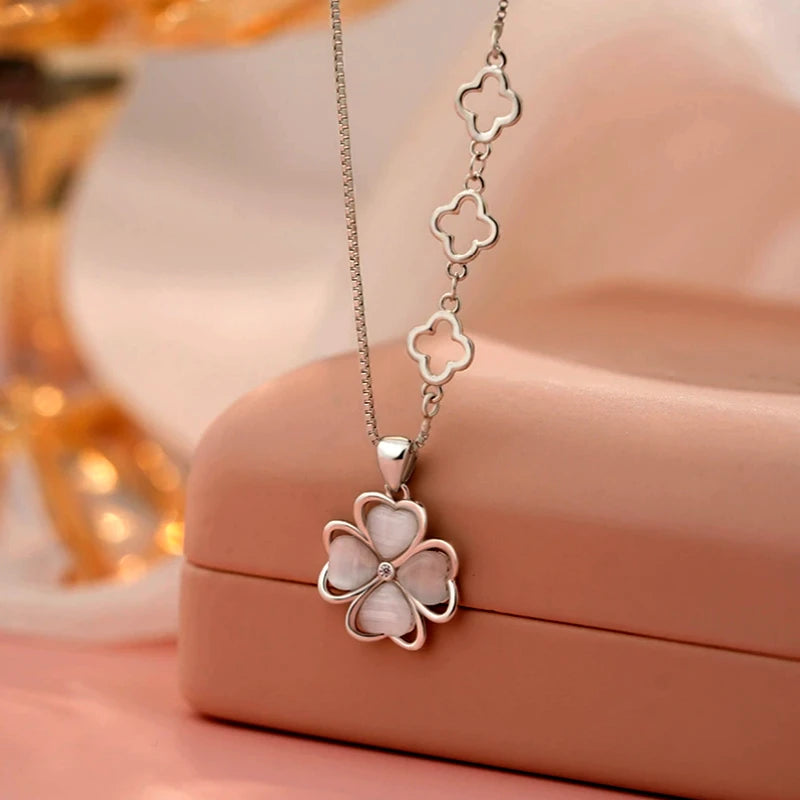 Close-up of the pendant and clasp on the Four-Leaf Clover Necklace