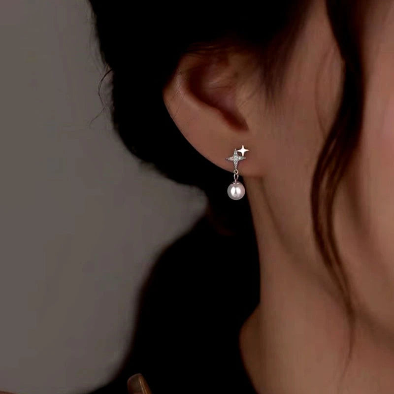 Sterling Silver Four-Pointed Star Pearl Earrings - elegant Star Pearl Earrings