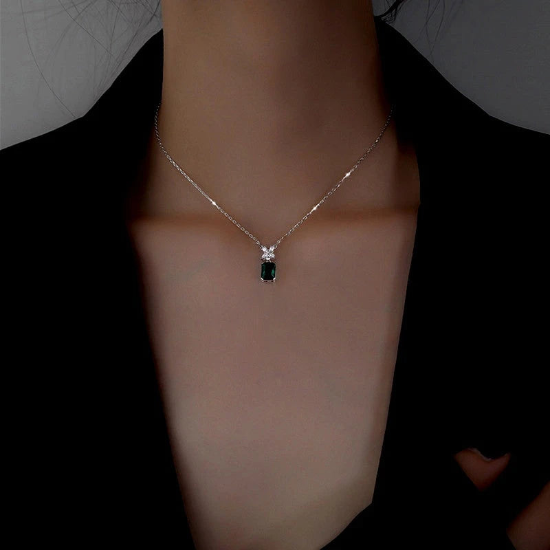 Sterling Silver Green Zircon Crystal Necklace worn to showcase its length and pendant detail