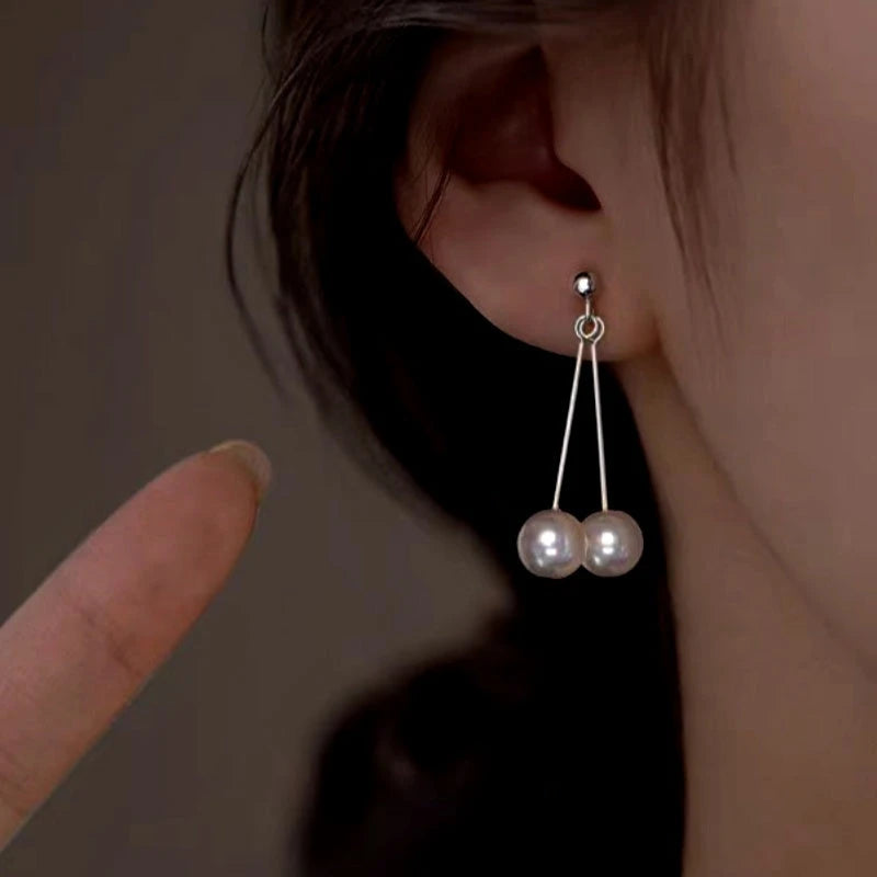 Sterling Silver Hanging Double-Pearl Earrings - elegant Double Pearl Earrings