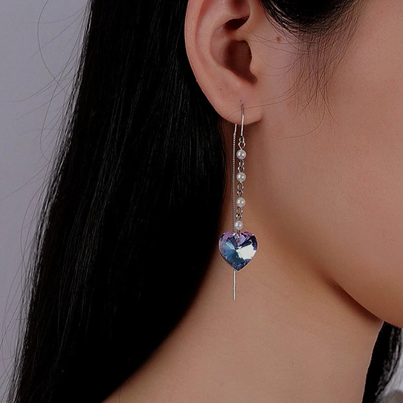 Sterling Silver Heart Pearl Tassel Threader Earrings - elegant Pearl Tassel Earrings