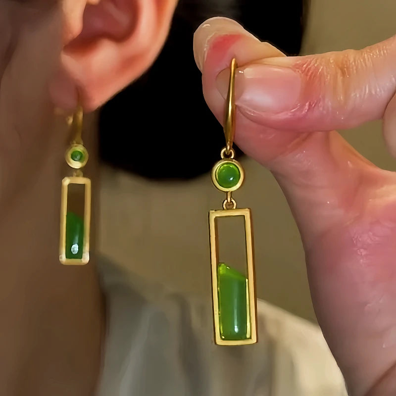 Angled view of the Sterling Silver Hetian Jasper Earrings