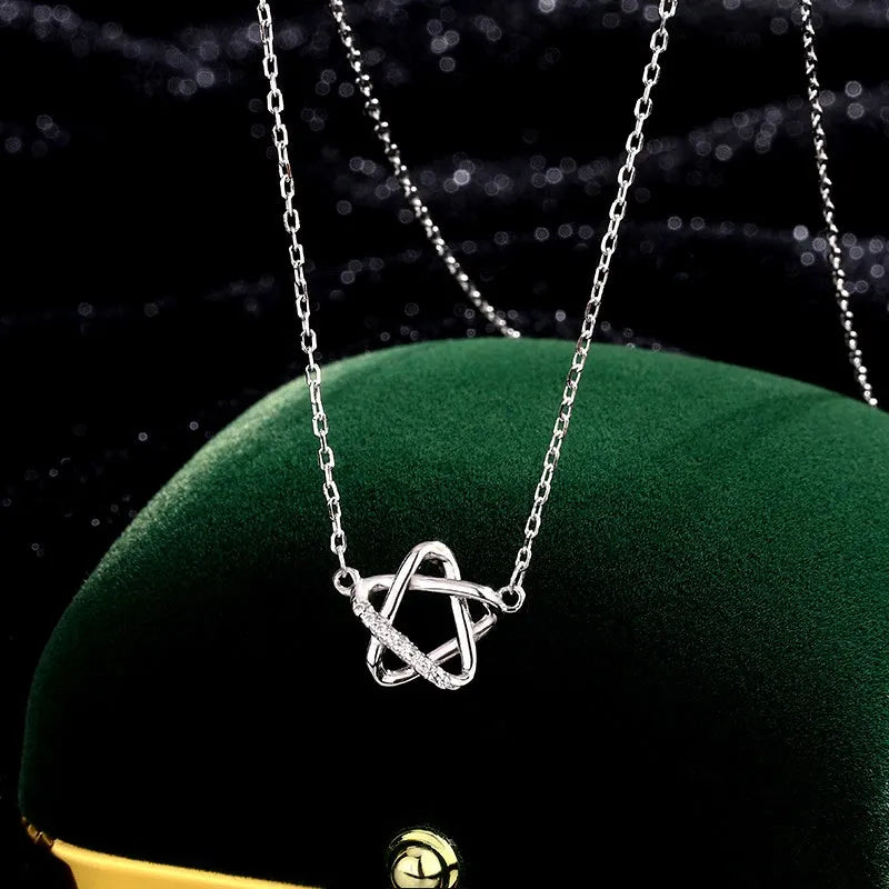 Sterling Silver Hollow Five-Pointed Star Necklace worn to showcase its length and pendant detail