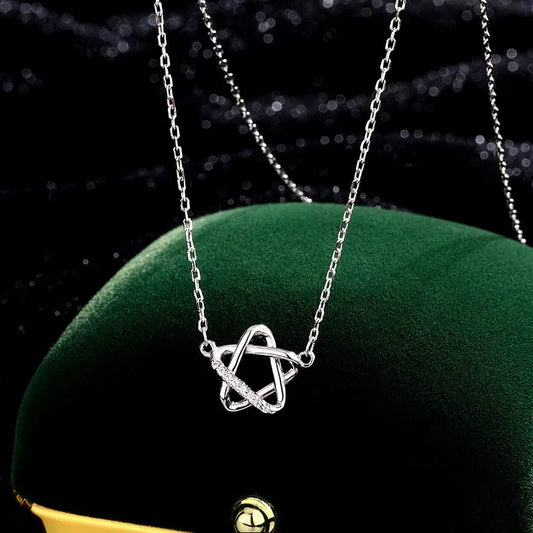 Sterling Silver Hollow Five-Pointed Star Necklace worn to showcase its length and pendant detail