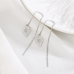 Angled view of the Sterling Silver Hollow Leaf Threader Earrings