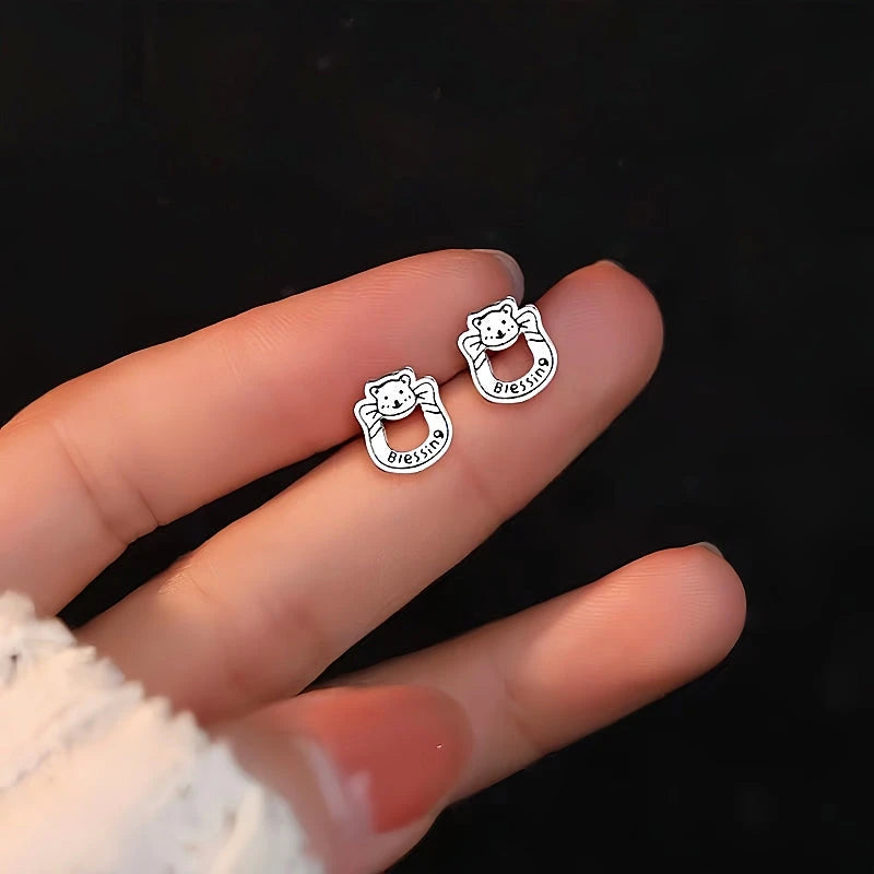 Sterling Silver Hollow Letter Bear Earrings - elegant Bear Stud Earrings