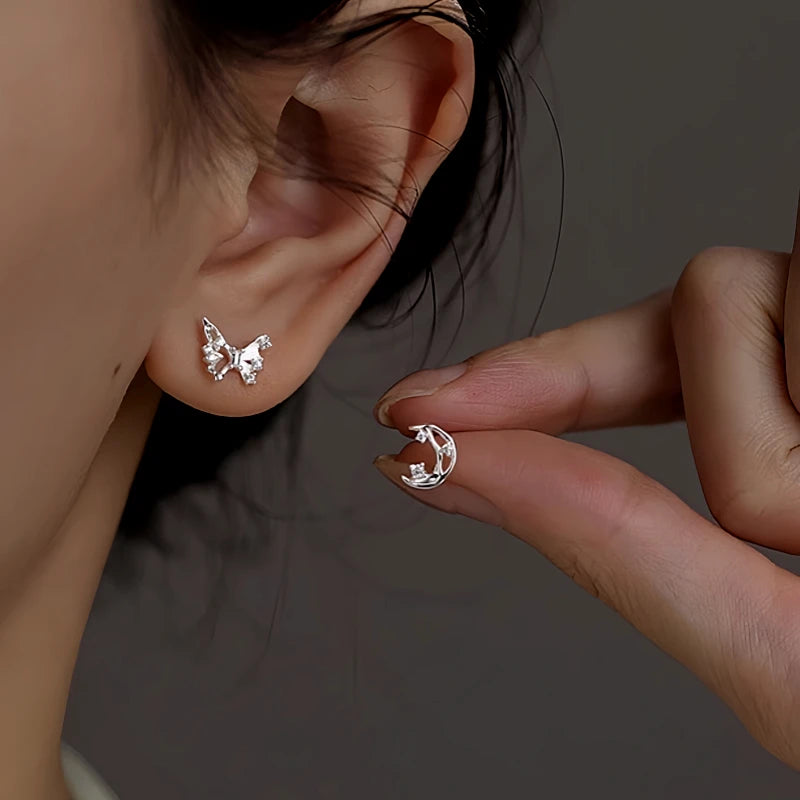 Sterling Silver Irregular Butterfly Moon Earrings - elegant Spiral Stud Earrings