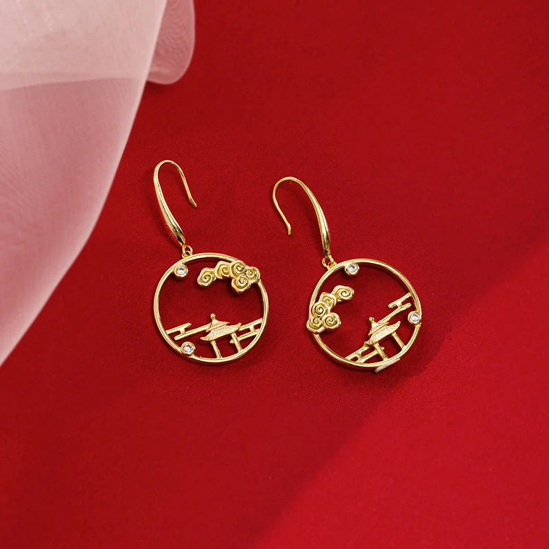 Angled view of the Sterling Silver Landscape Pavilion Ear Hook Earrings