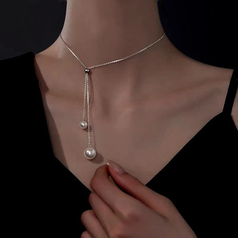 Sterling Silver Large And Small Pearl Sweater Necklaces - beautiful Hug Ring