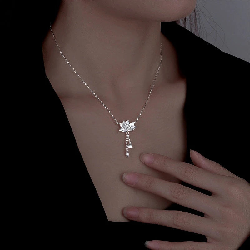 Sterling Silver Lotus Tassel Necklace - beautiful Heart Hoop Earrings